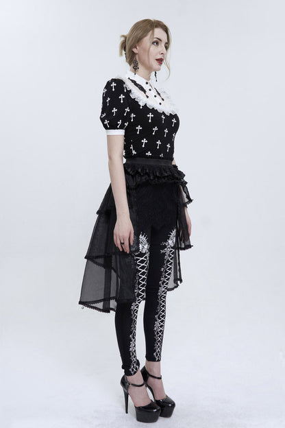 Black/White Cross Printed Chest Paneled Chiffon With Lace Collar Applique? Lace Strap Pendant Women's Punk Shirt