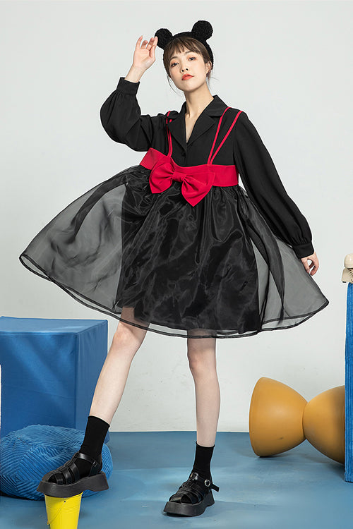 Black Suit Collar Bow Organza Long Sleeves High Waist Sweet Lolita OP Dress