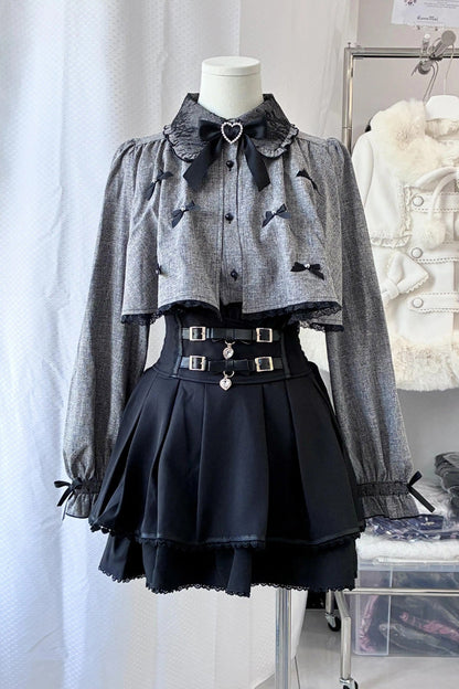 Black/Grey Long Sleeves Ruffled Belt Buckle Japanese Jirai Kei Set