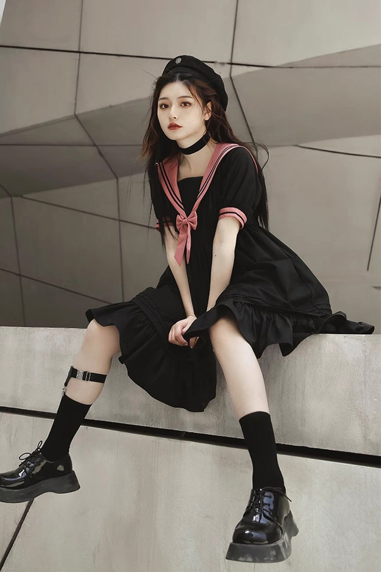 Black Voyage To Atlantis Navy Style Short Sleeves Ruffle Gothic Lolita Dress