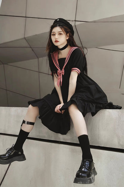 Black Voyage To Atlantis Navy Style Short Sleeves Ruffle Gothic Lolita Dress
