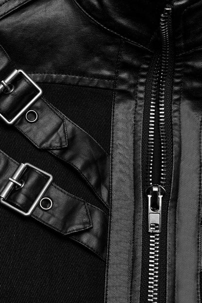 Black Round Collar Multi-Buckles Straps Faux Leather Men's Punk Jacket