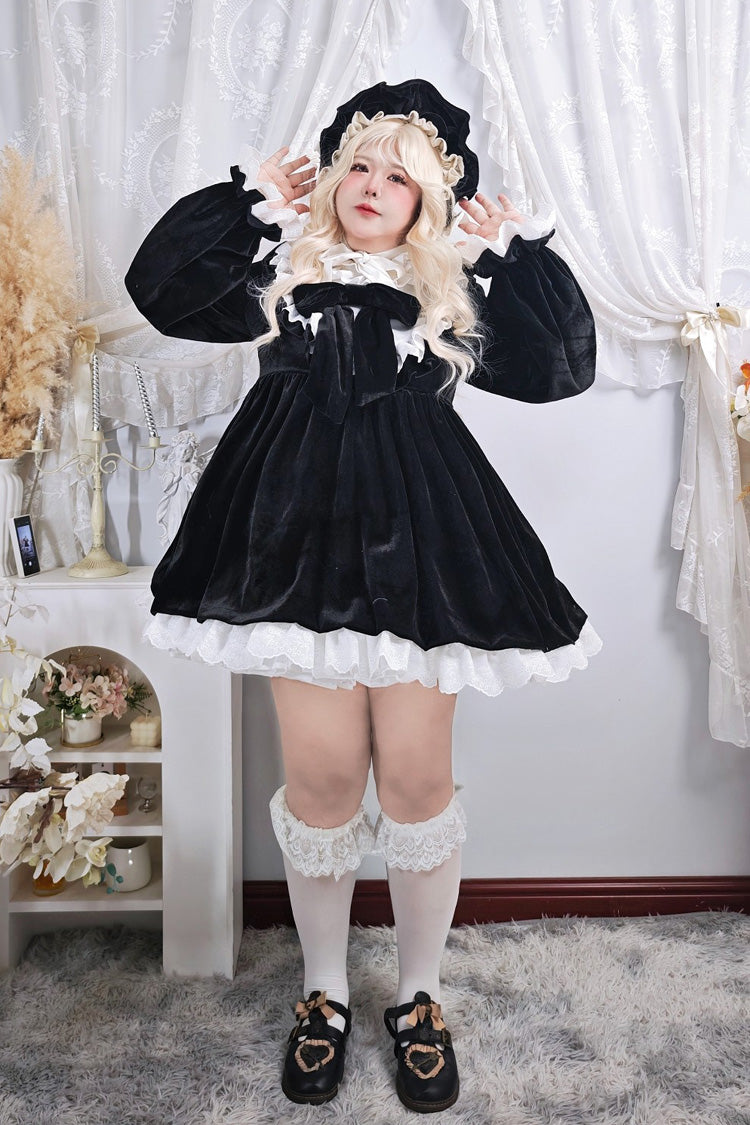 Black [Antique Velvet Doll] Stand Collar Long Sleeves Ruffled Bow Gothic Plus Size Lolita Dress