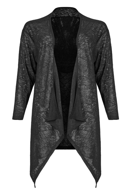 Black Soft Knitting Mottled Texture Asymmetric Hem Skull Decal On The Back Women's Plus Size Gothic Jacket