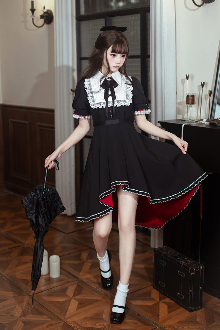 Black/White [Rosalind] Lapel Collar Short Sleeves Bow Lace Gothic Maid Lolita Dress
