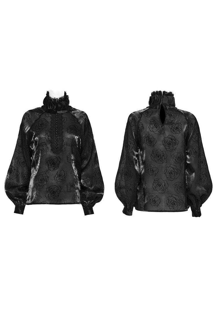 Black Stand Collar Long Lantern Sleeves Rose Print Hook-Button Womens Gothic Blouse