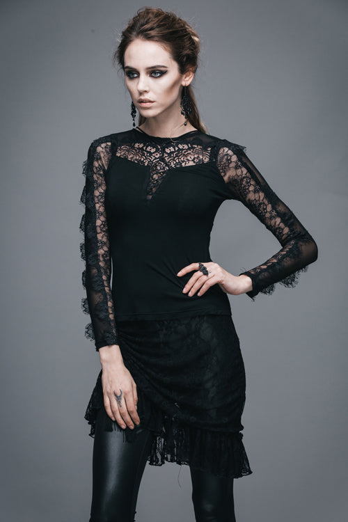 Black Sexy Lace Pattern Long Sleeves Gothic Womens T-Shirt