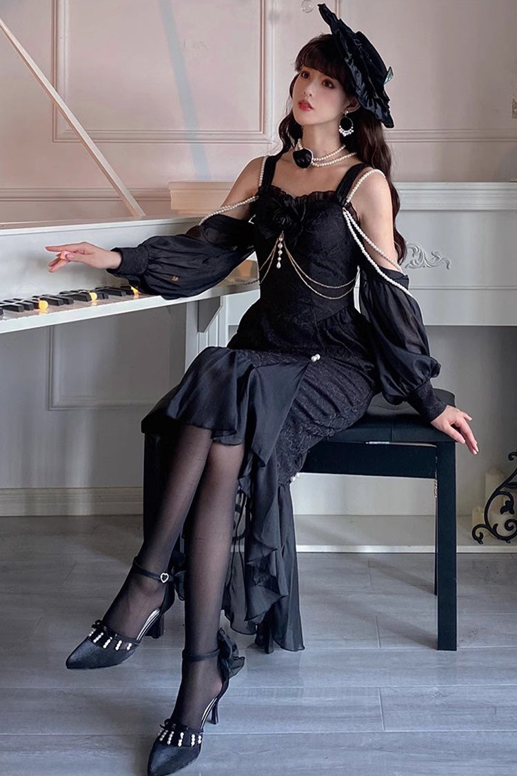 Black [Camellia 1.0] Sleeveless Jacquard Ruffle Lace Gothic Chinese Style Lolita Jsk Fishtail Dress