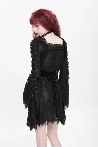 Black Square Collar Long Trumpet Sleeves Embroidered Lace-Up Women's Gothic Dress
