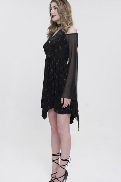 Black Sleeves Cross Print Embroidered And Beaded Neckline Stretch-Mesh Flared Women's Gothic Dress