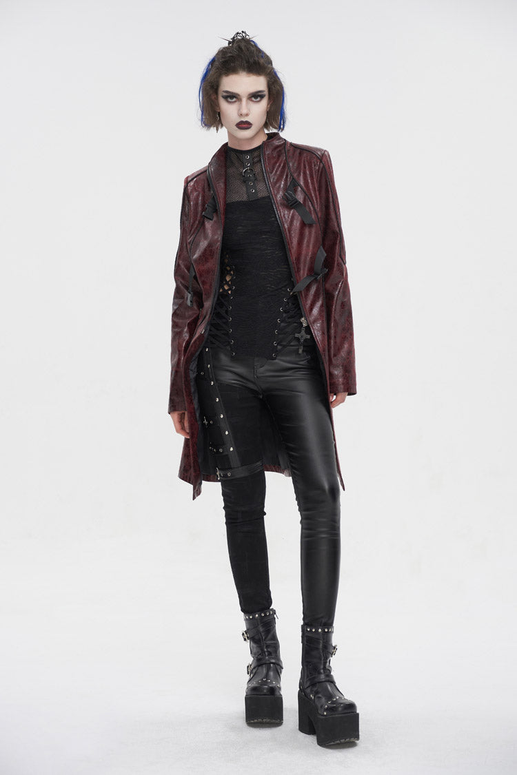 Red Double Buckle Faux Leather Long Women's Punk Coat