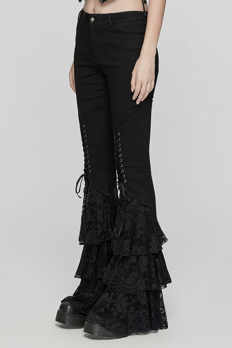 Black Triple-Layered Ruffle Lace-Up Mesh Women's Gothic Pants