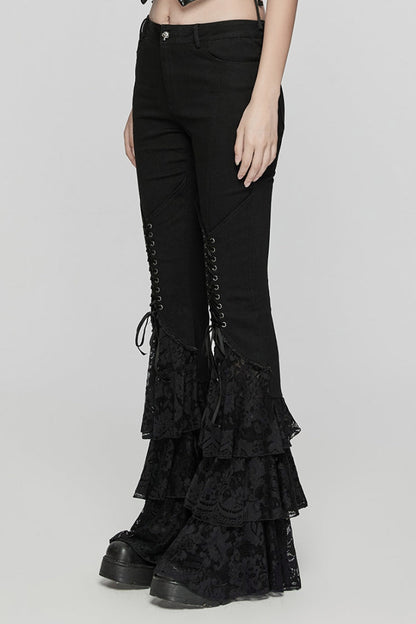Black Triple-Layered Ruffle Lace-Up Mesh Women's Gothic Pants