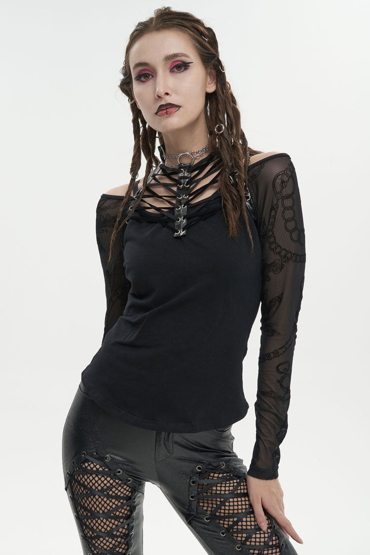 Black Stretch Knit Stitching Flocking Printed Neck Collar Tie Rope Off-Shoulder Women's Punk T-Shirt