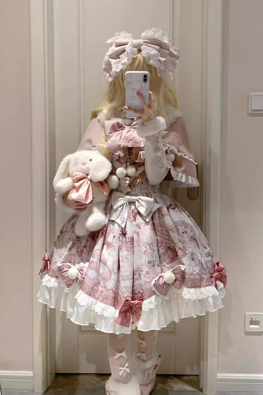 Pink [Cat Dessert House] Print Ruffle Bowknot Sweet Lolita Jsk Dress Set