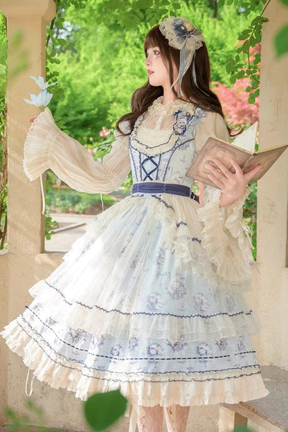 Blue [Swing Cat] Print Ruffle Bowknot Lace Sweet Elegant Lolita Jsk Dress