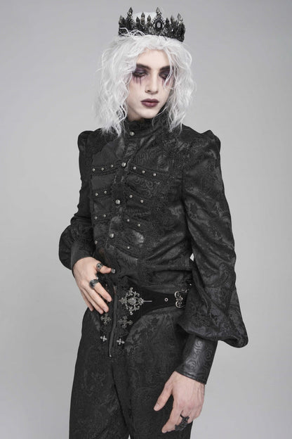 Black Stand Collar Long Lantern Sleeves Floral Print Embroidery Men's Gothic Blouse