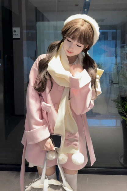 First Snow Bear Bowknot Scarf Design Sweet Japanese Lolita Coat 4 Colors