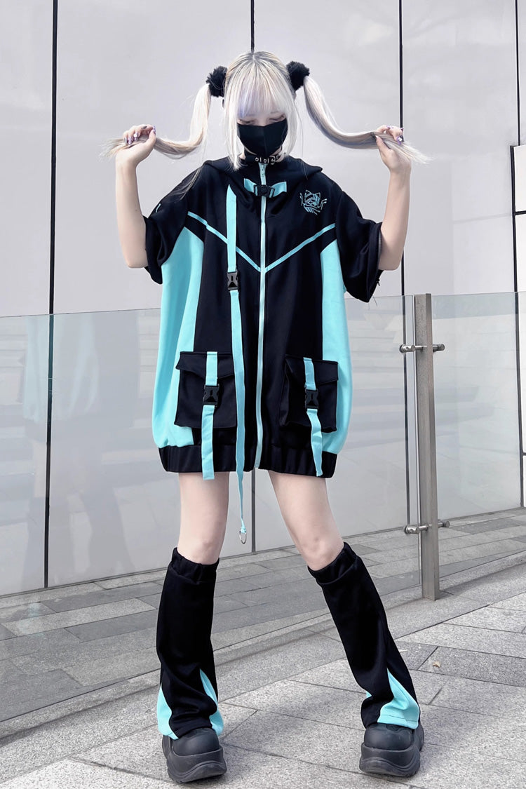 Black/Blue Chip Hacker Cyberpunk Functional Print Hooded Jirai Kei Japanese Sports Coat
