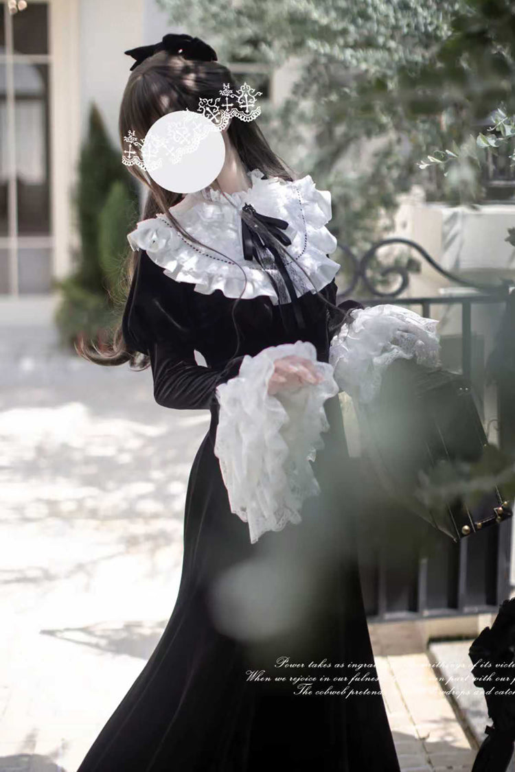 Black [Raven-Feather Poetic Letter] Velvet Long Hime Sleeves Ruffle Bowknot Gothic Elegant Lolita Fishtail Dress