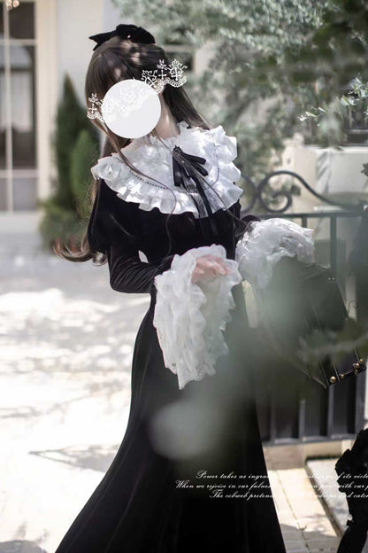 Black [Raven-Feather Poetic Letter] Velvet Long Hime Sleeves Ruffle Bowknot Gothic Elegant Lolita Fishtail Dress