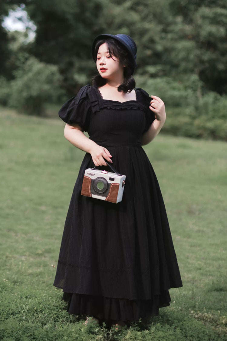 Black [Forest Gallery] Square Collar Short Sleeves Ruffled Bow Classic Vintage Elegant Lolita Dress