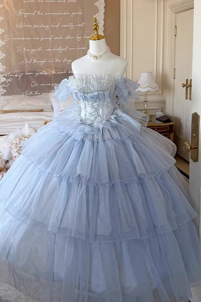 Blue [Mousse Love Song] Sleeveless Multi-Layered Ruffled Hanayome Bow Sweet Lolita Dress