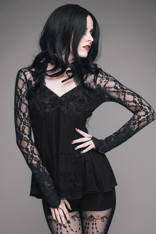 Black Sexy V Neck Mesh Long Sleeves Rose Lace Bottoming Women Gothic T-Shirt
