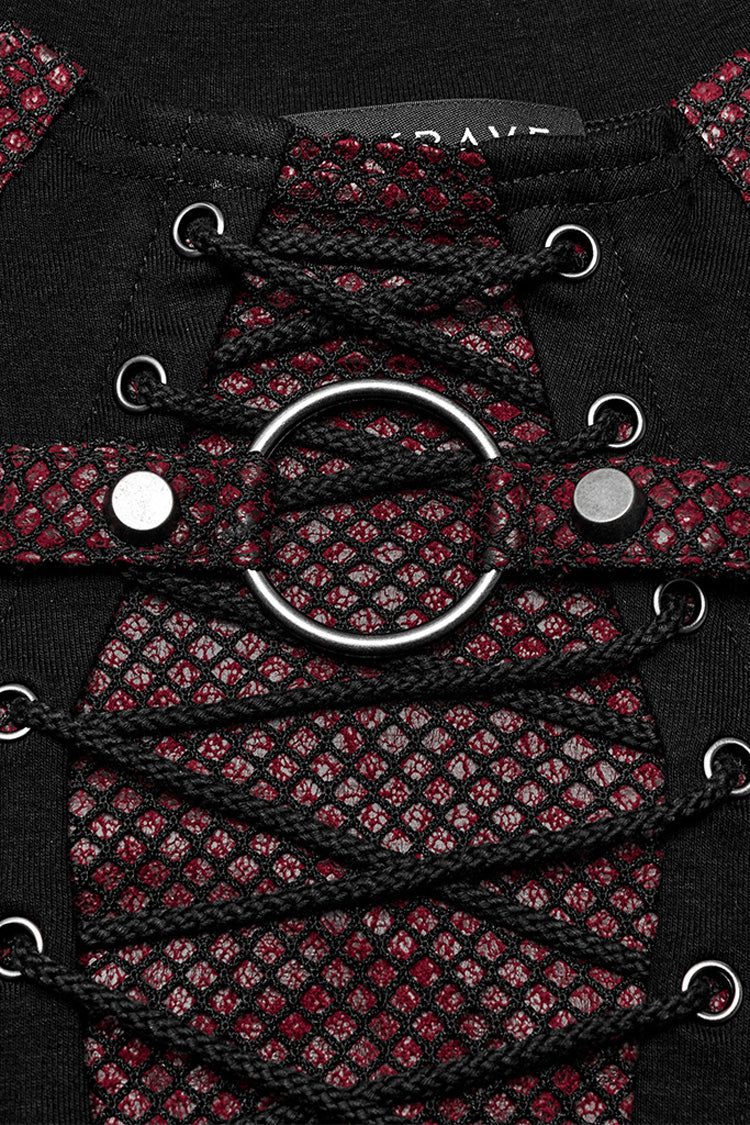 Black/Red Long Sleeves Stitching Lace-Up Ripped Men's Punk Blouse