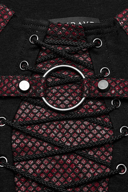Black/Red Long Sleeves Stitching Lace-Up Ripped Men's Punk Blouse