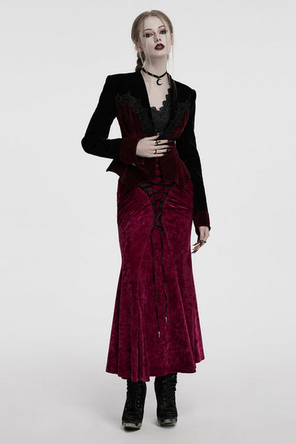 Black/Red V Collar Long Sleeves Floral Embroidery Lace-Up Women's Gothic Jacket