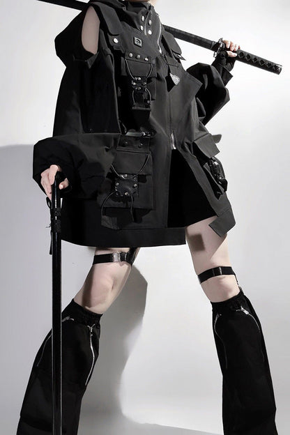 Black Techwear Long Sleeves Hooded Zippered Ouji Gothic Cool Lolita Set