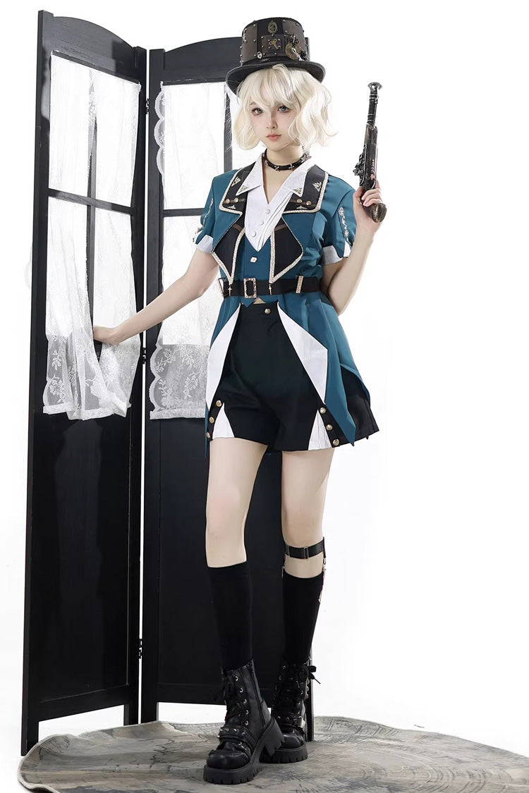 Black/Green [Anlexia Bookstore] Square Collar Short Sleeves Embroidered Studded Gothic College Style Prince Handsome Ouji Lolita Set