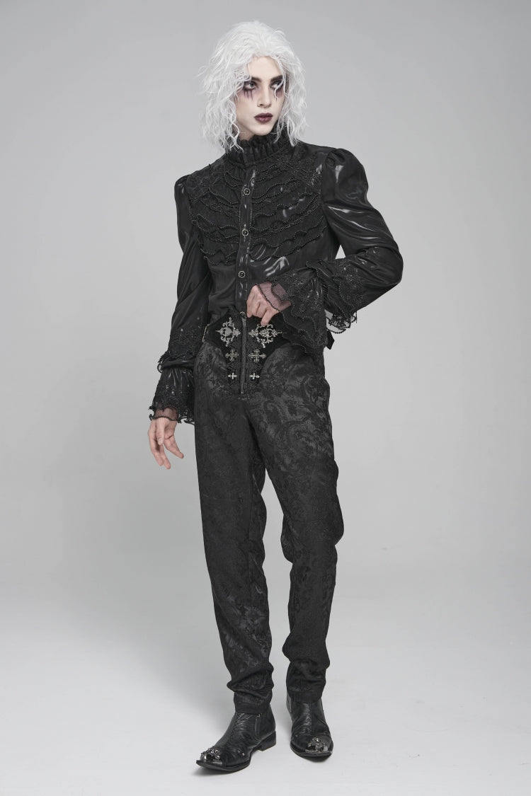 Black Printed Lace-Up Buckled Zippered Men's Gothic Pants