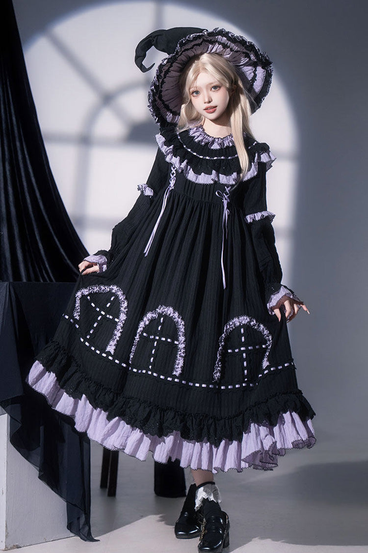 Black [Twin Lilian] Round Collar Long Sleeves Double-Layered Ruffled Bow Lace-Up Gothic Lolita Dress