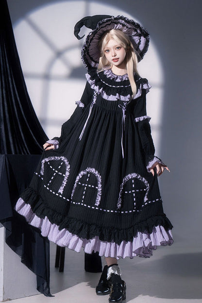 Black [Twin Lilian] Round Collar Long Sleeves Double-Layered Ruffled Bow Lace-Up Gothic Lolita Dress