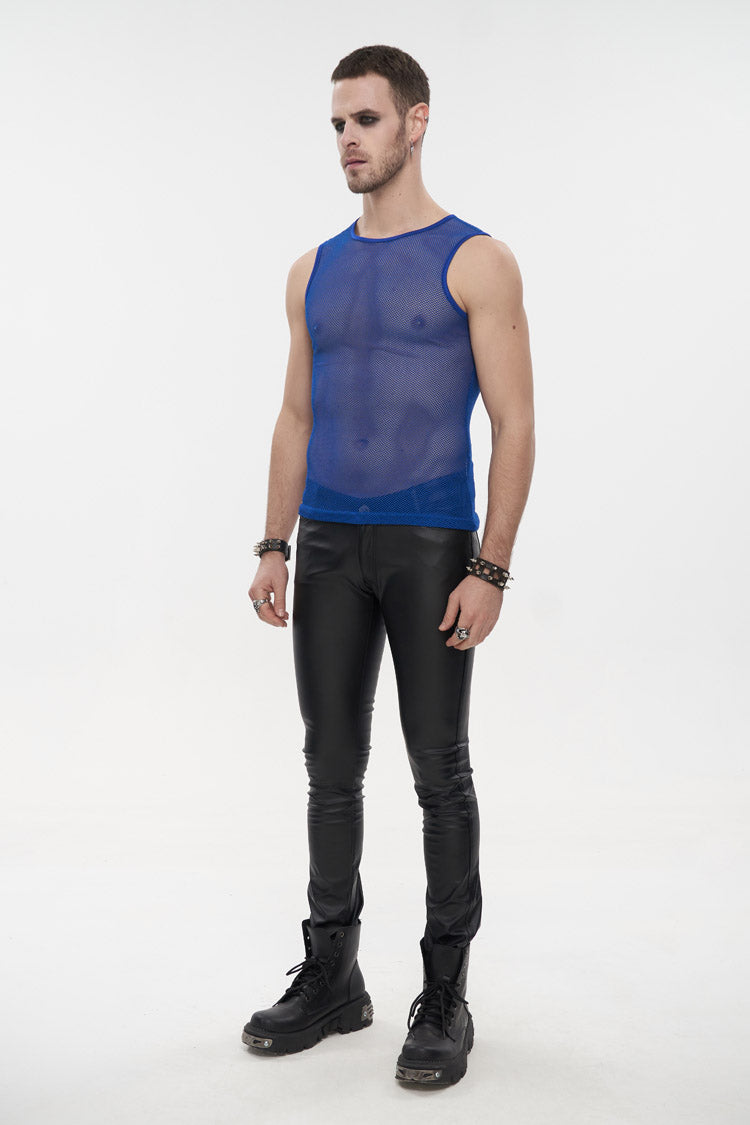 Blue Elasticity Perspective Rhombus Net Yarn Sleeveless Men's Gothic T-Shirt