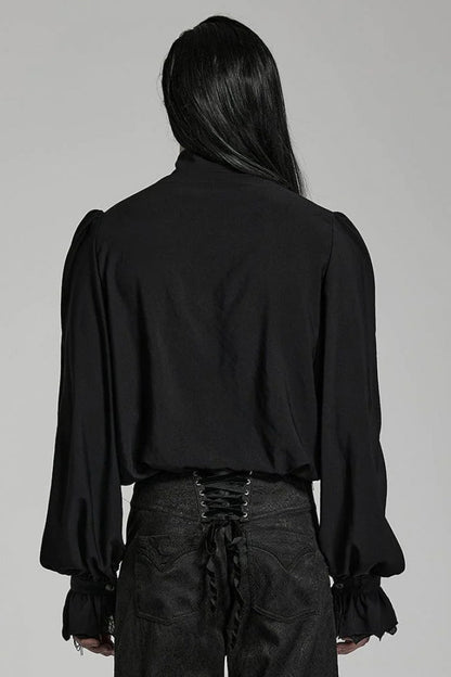 Black Stand Collar Ruffle Webbing Embellishment Mens Gothic Blouse