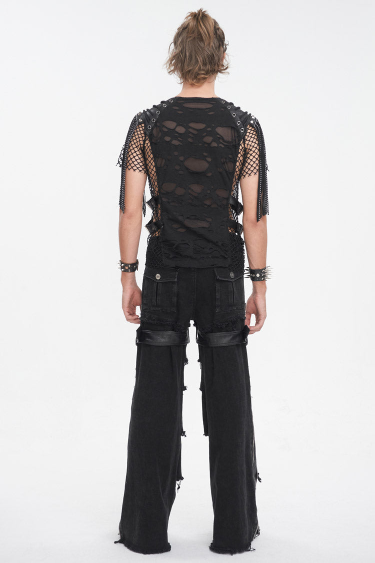 Black Round Collar Mesh Stitching Men's Punk T-Shirt