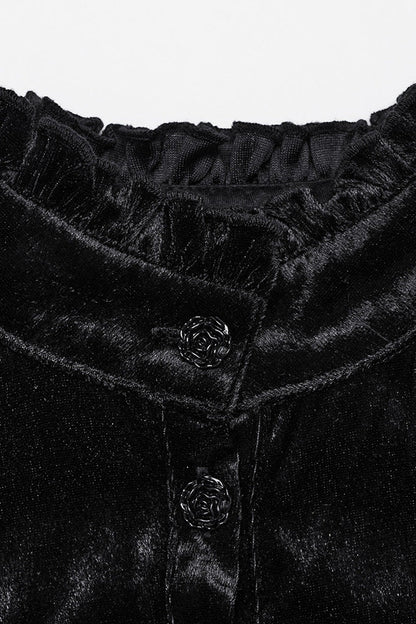 Black Stand Collar Irregular Pleated Velvet Women's Gothic Blouse
