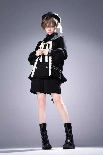 Black [City of Mist] Navy Collar Long Sleeves Gothic College Style Prince Ouji Lolita Shorts Coat Set