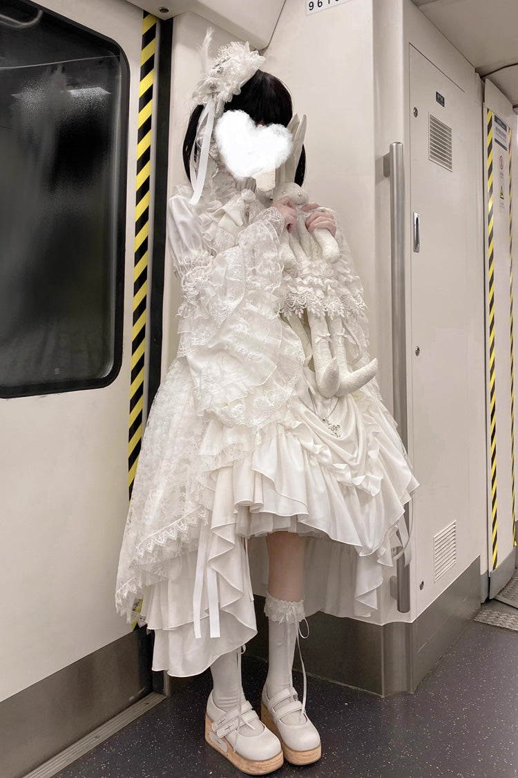 White [Eternal Taboo] Long Hime Sleeves Ruffled Bow Gothic Lolita Skirt Dress Set