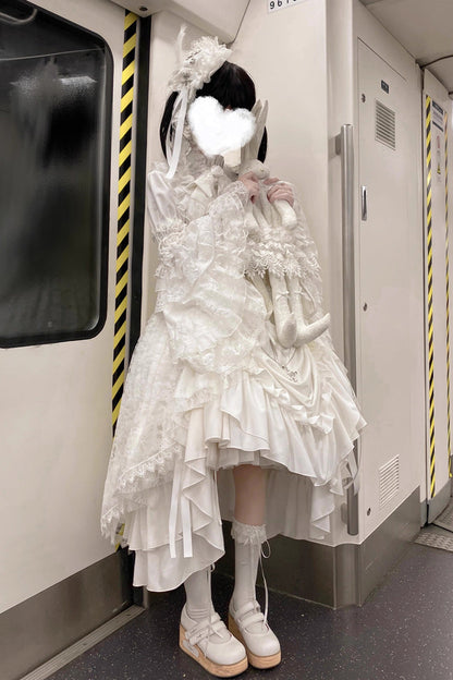 White [Eternal Taboo] Long Hime Sleeves Ruffled Bow Gothic Lolita Skirt Dress Set