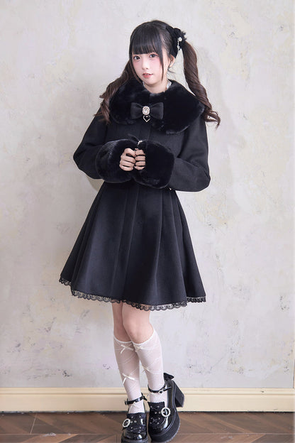 Sweet Plush Collar Waist-cinched Long Sleeves Bowknot Lace Japanese Lolita Coat 4 Colors