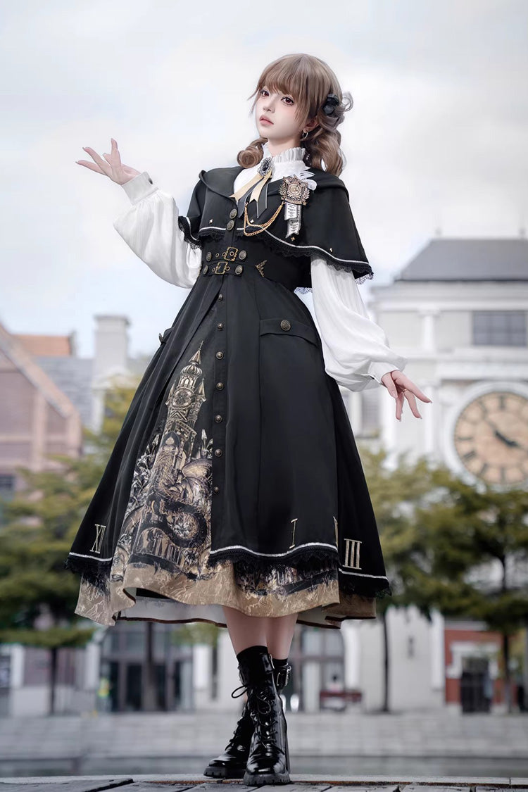 Black [Dragon’s Aria] Long Sleeves Printed Embroidered College Style Gothic Vintage Lolita Dress Three-Piece Set