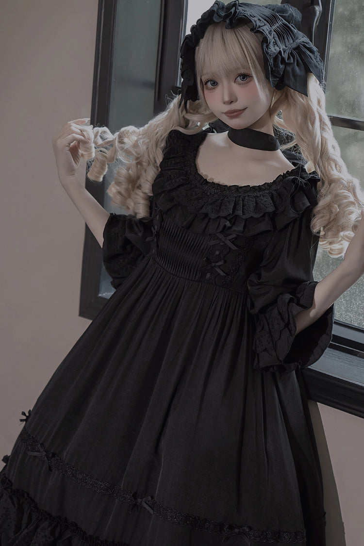 Black [Good Morning] Short Sleeves Ruffle Bowknot Lace-Up Gothic Lolita Dress