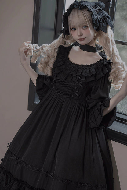 Black [Good Morning] Short Sleeves Ruffle Bowknot Lace-Up Gothic Lolita Dress