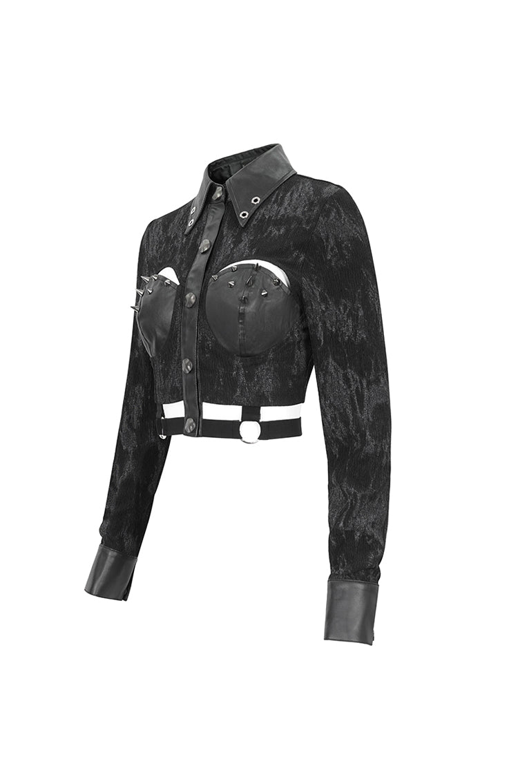 Black Turn Down Collar Cutout Long Sleeves Studded Women's Punk Shirt