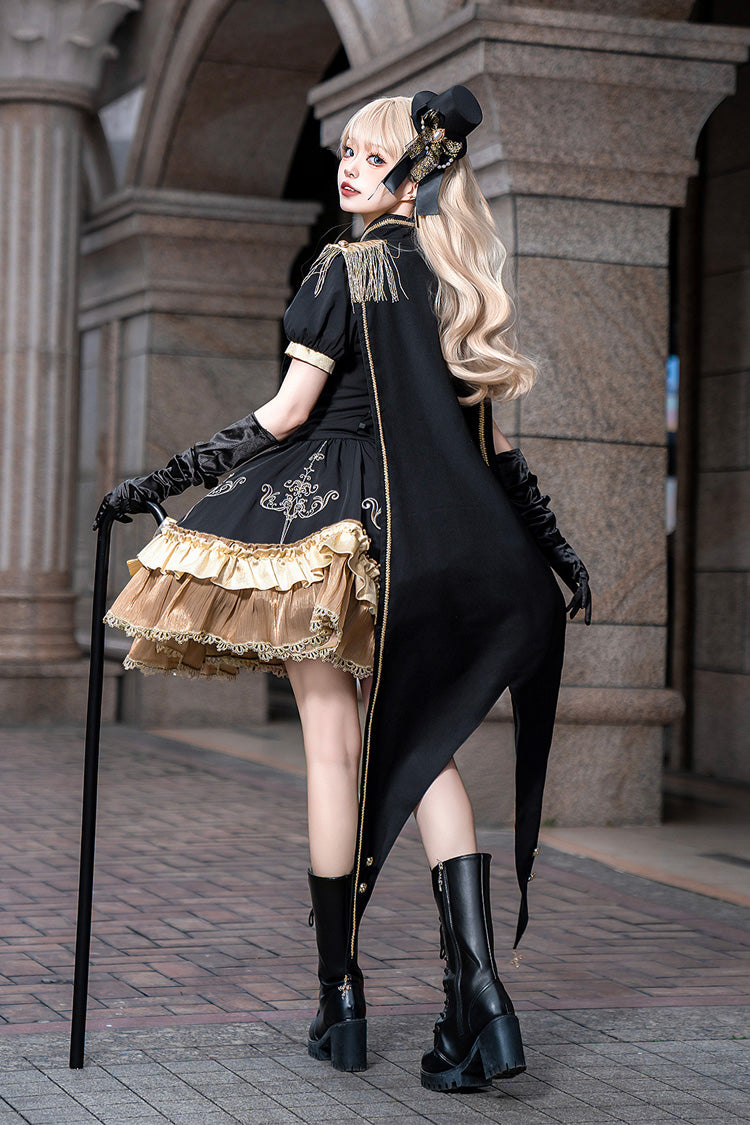 Black [Gilded Oath] Short Sleeves Double-Layered Ruffle Embroidery Bowknot Gothic Lolita Dress