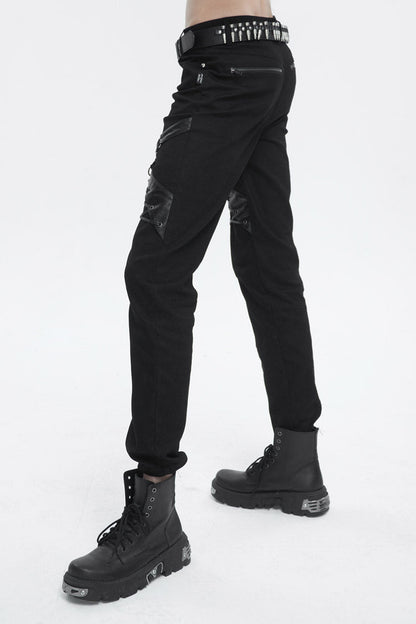 Black Thigh Position Buckle Splice Men's Punk Pants